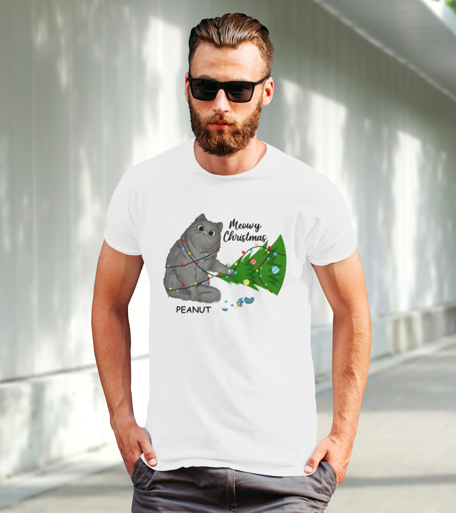 Meowy Christmas Cat Wrapped In Lights With Custom Name Peanut T-Shirt