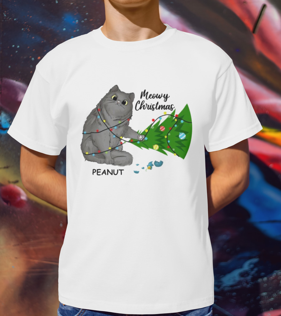 Meowy Christmas Cat Wrapped In Lights With Custom Name Peanut T-Shirt