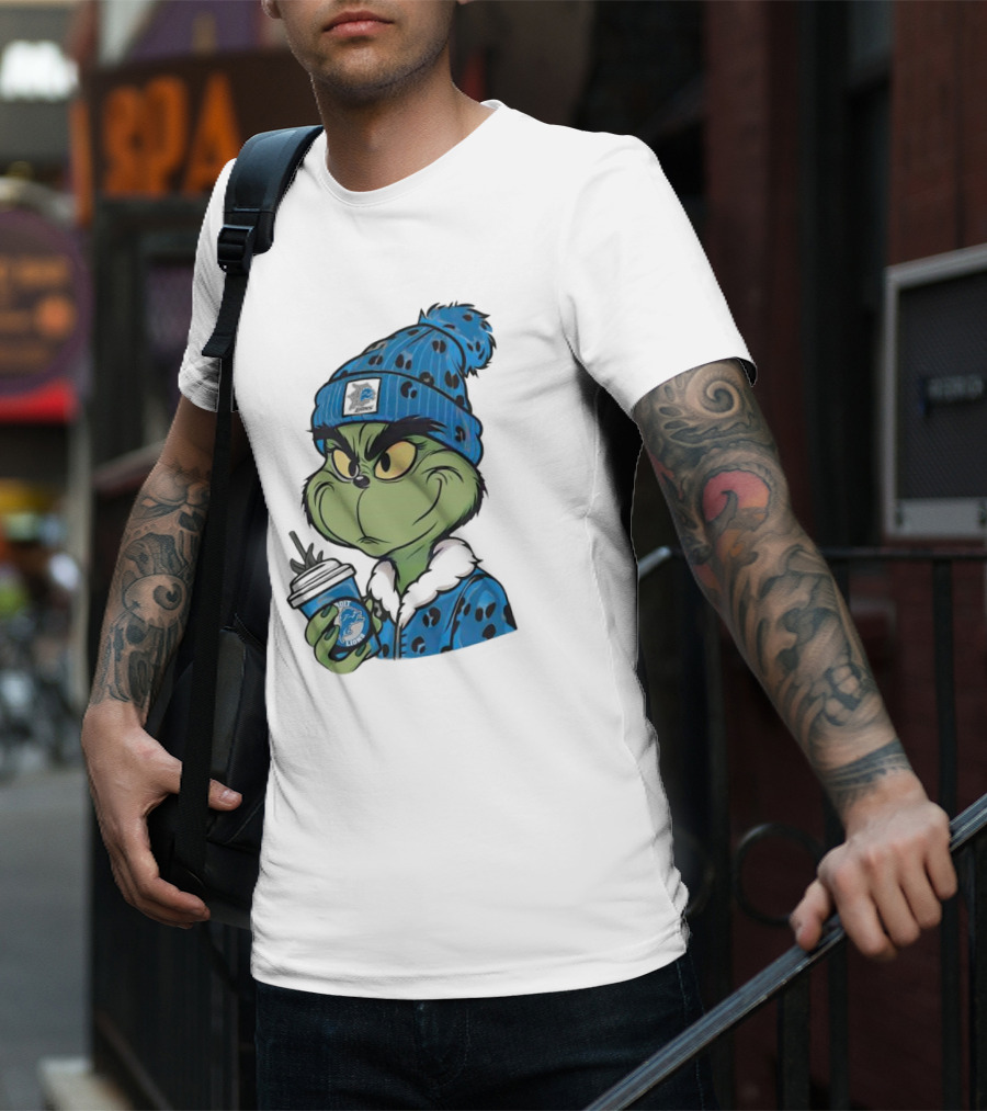 Grinch Wearing Detroit Lions Winter Outfit Holding Drink Christmas T-Shirt