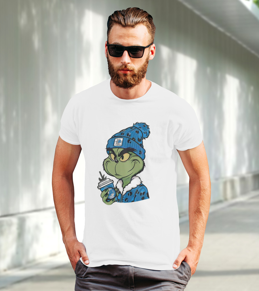 Grinch Wearing Detroit Lions Winter Outfit Holding Drink Christmas T-Shirt