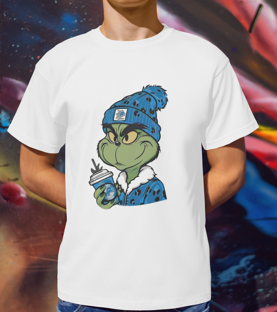 Grinch Wearing Detroit Lions Winter Outfit Holding Drink Christmas T-Shirt