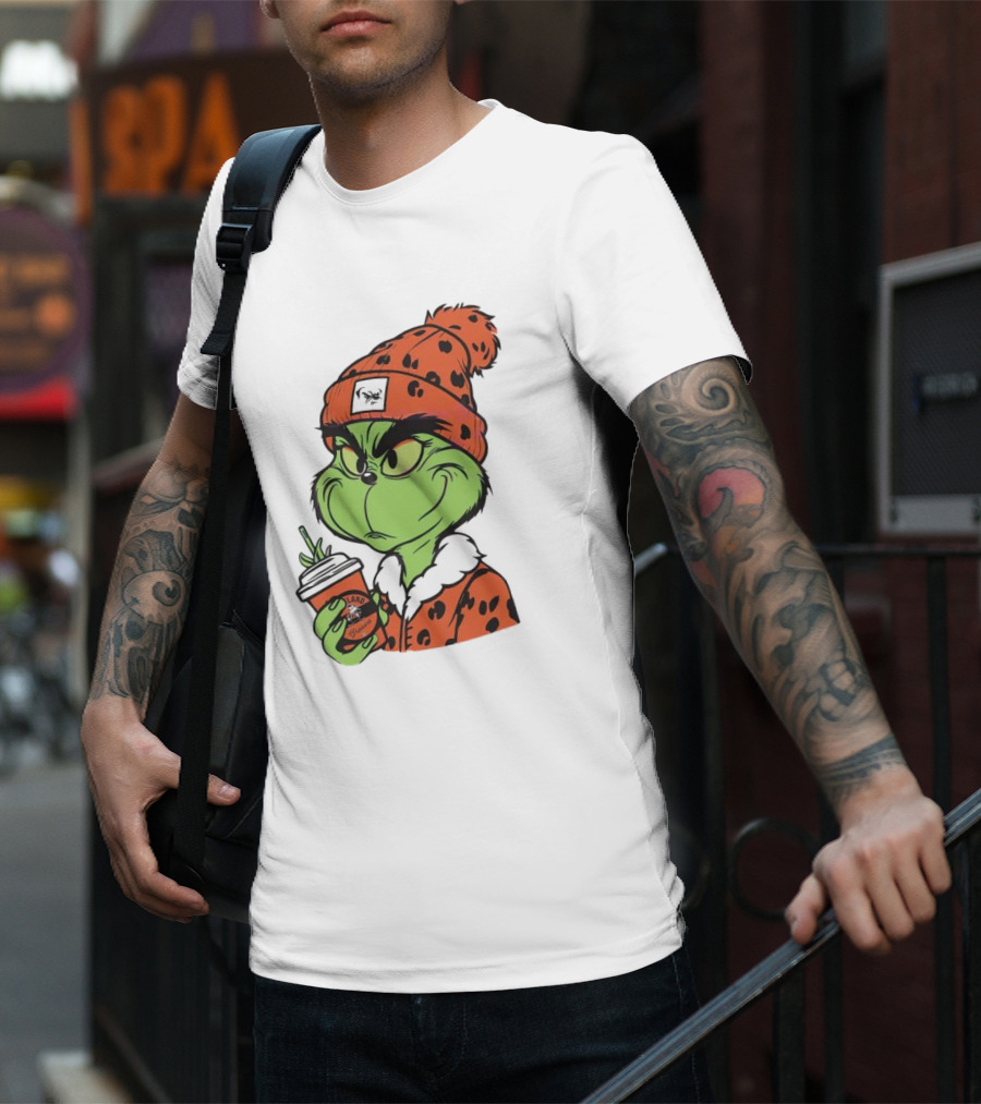 Grinch Wears Orange Beanie Holds Browns Mug Christmas T-Shirt
