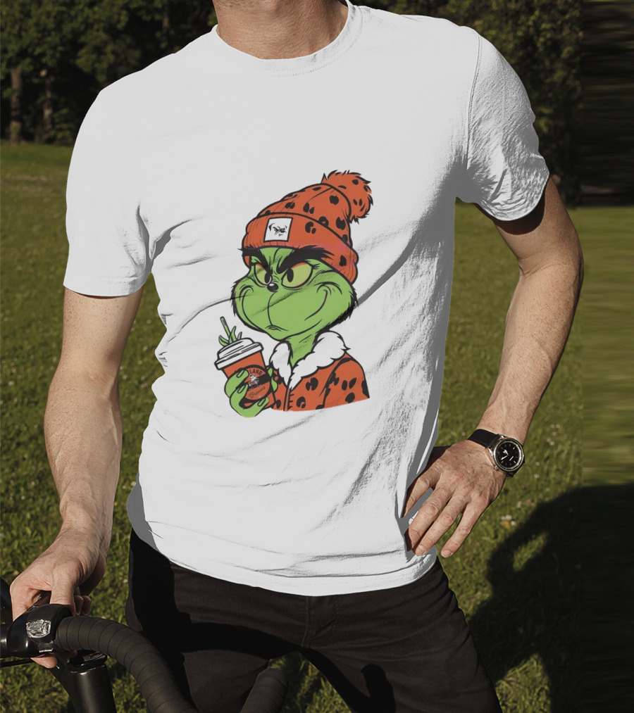Grinch Wears Orange Beanie Holds Browns Mug Christmas T-Shirt