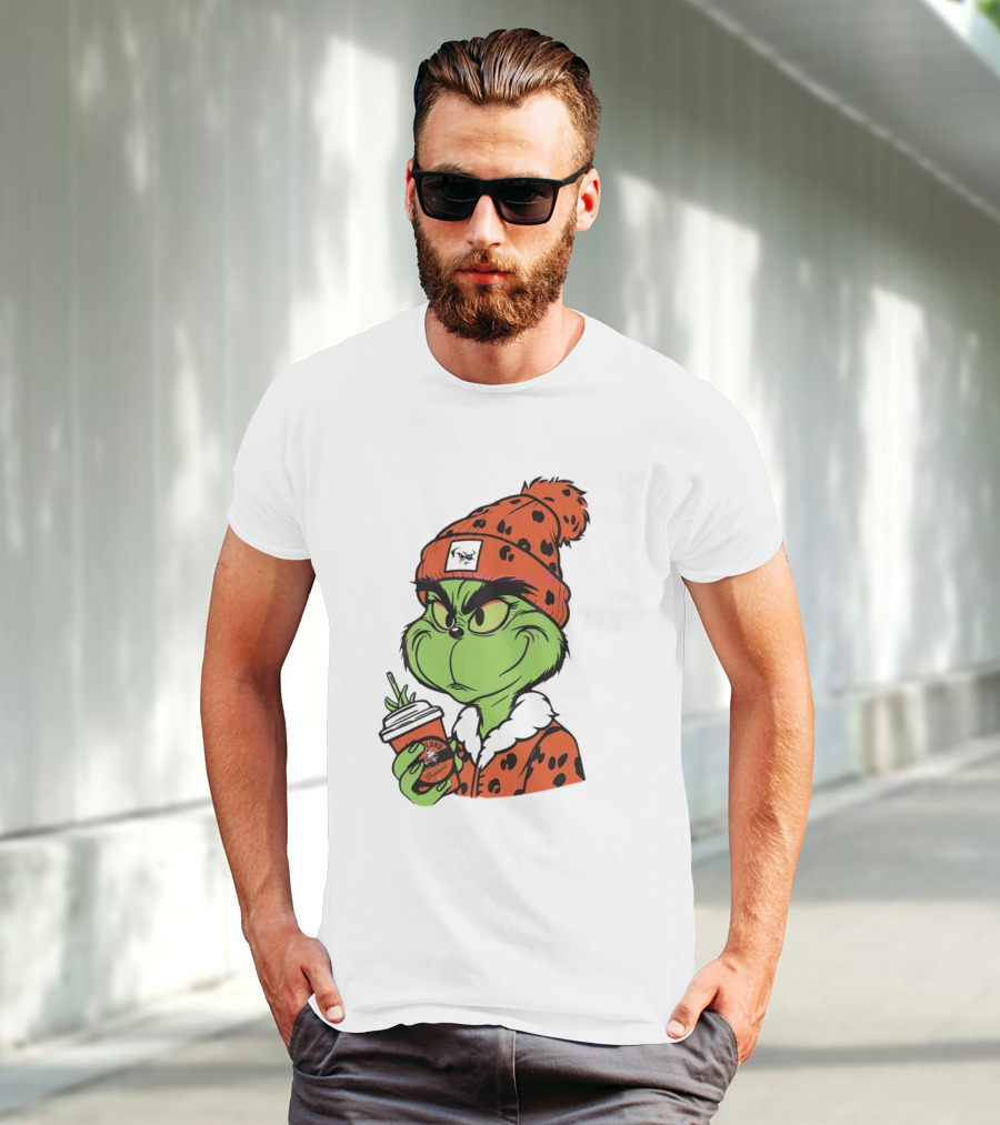 Grinch Wears Orange Beanie Holds Browns Mug Christmas T-Shirt