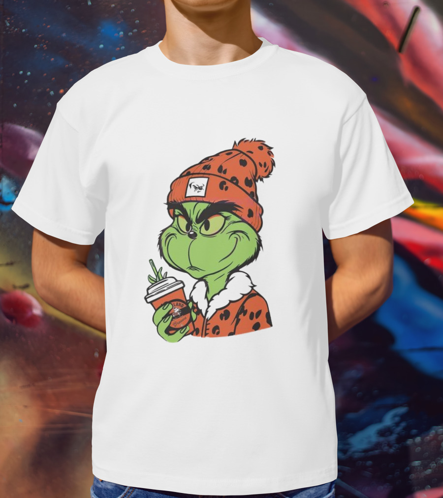 Grinch Wears Orange Beanie Holds Browns Mug Christmas T-Shirt