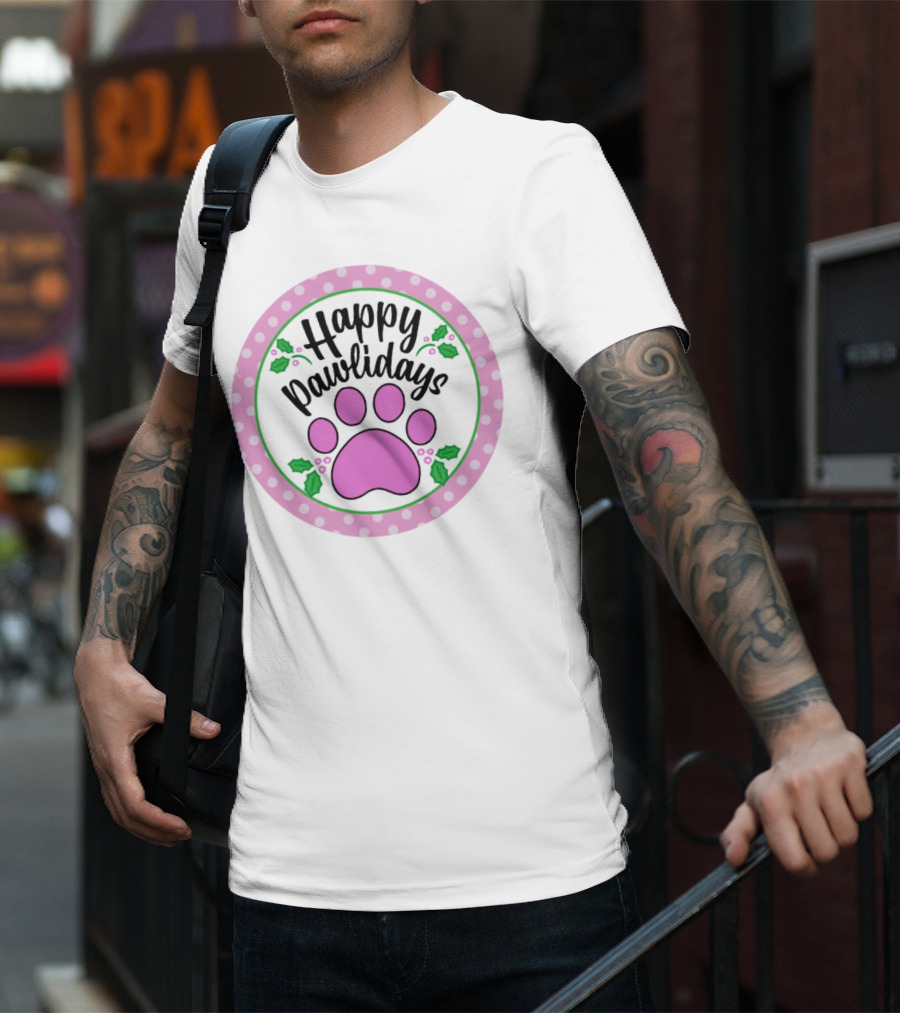 Happy Pawlidays Pink Paw Print With Holly Border Christmas T-Shirt