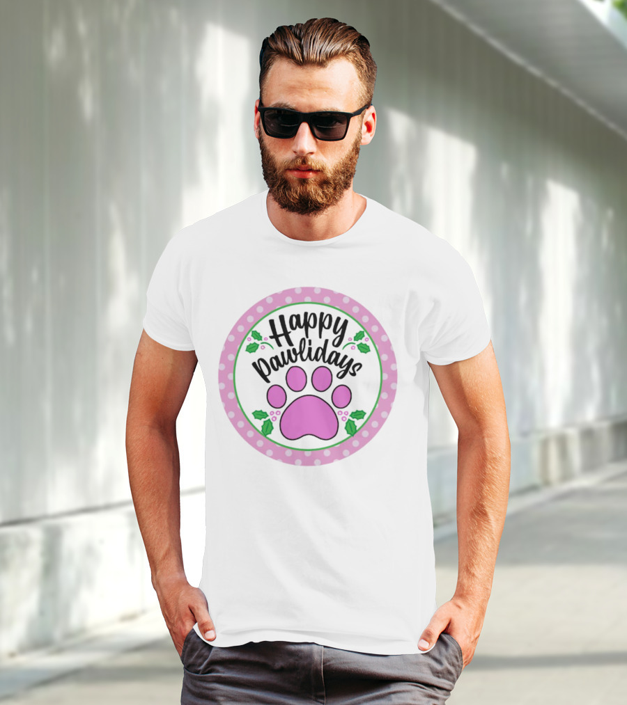 Happy Pawlidays Pink Paw Print With Holly Border Christmas T-Shirt