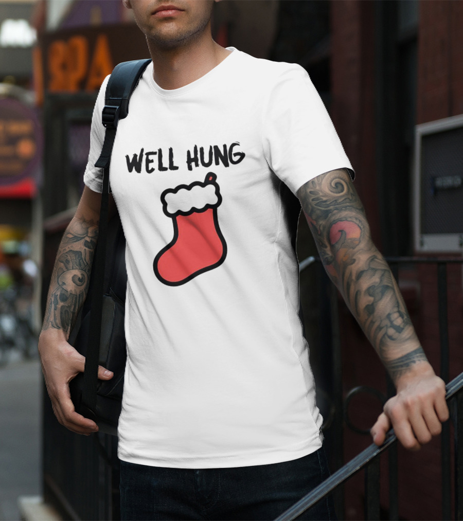 Well Hung Red Christmas Stocking Holiday Pun T-Shirt