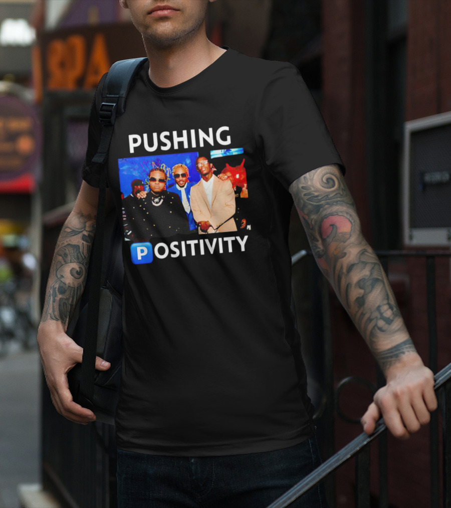 Pushing Positivity Iconic Trio With Blue Background T-Shirt