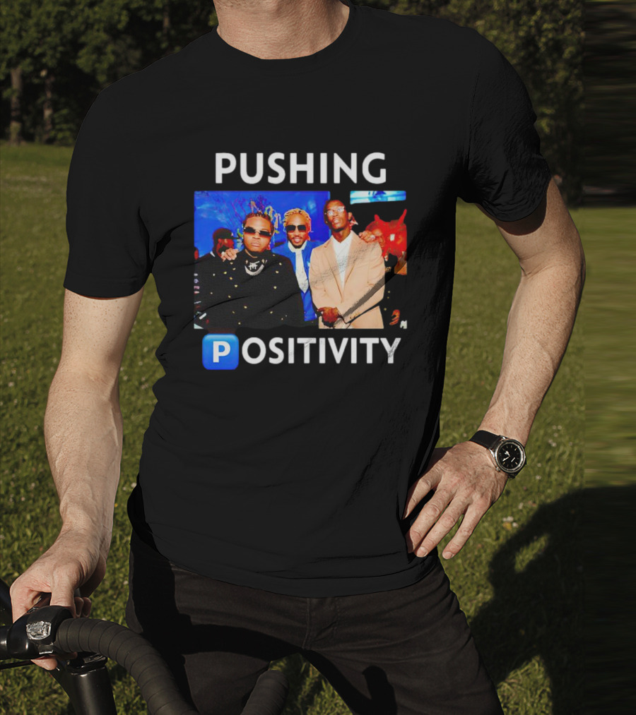 Pushing Positivity Iconic Trio With Blue Background T-Shirt
