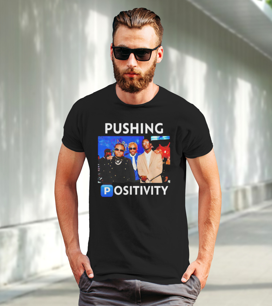 Pushing Positivity Iconic Trio With Blue Background T-Shirt