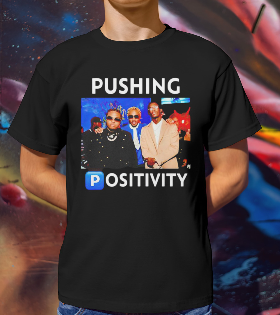 Pushing Positivity Iconic Trio With Blue Background T-Shirt