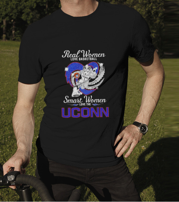 Real Women Love Basketball Smart Women Love The UConn Huskies UConn Basketball Fan Heart T-Shirt
