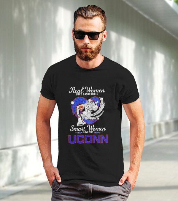 Real Women Love Basketball Smart Women Love The UConn Huskies UConn Basketball Fan Heart T-Shirt
