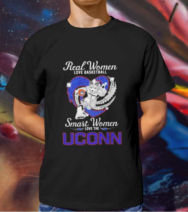 Real Women Love Basketball Smart Women Love The UConn Huskies UConn Basketball Fan Heart T-Shirt