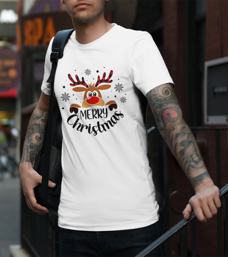 Reindeer Merry Christmas Plaid Antlers Snowflake T-Shirt