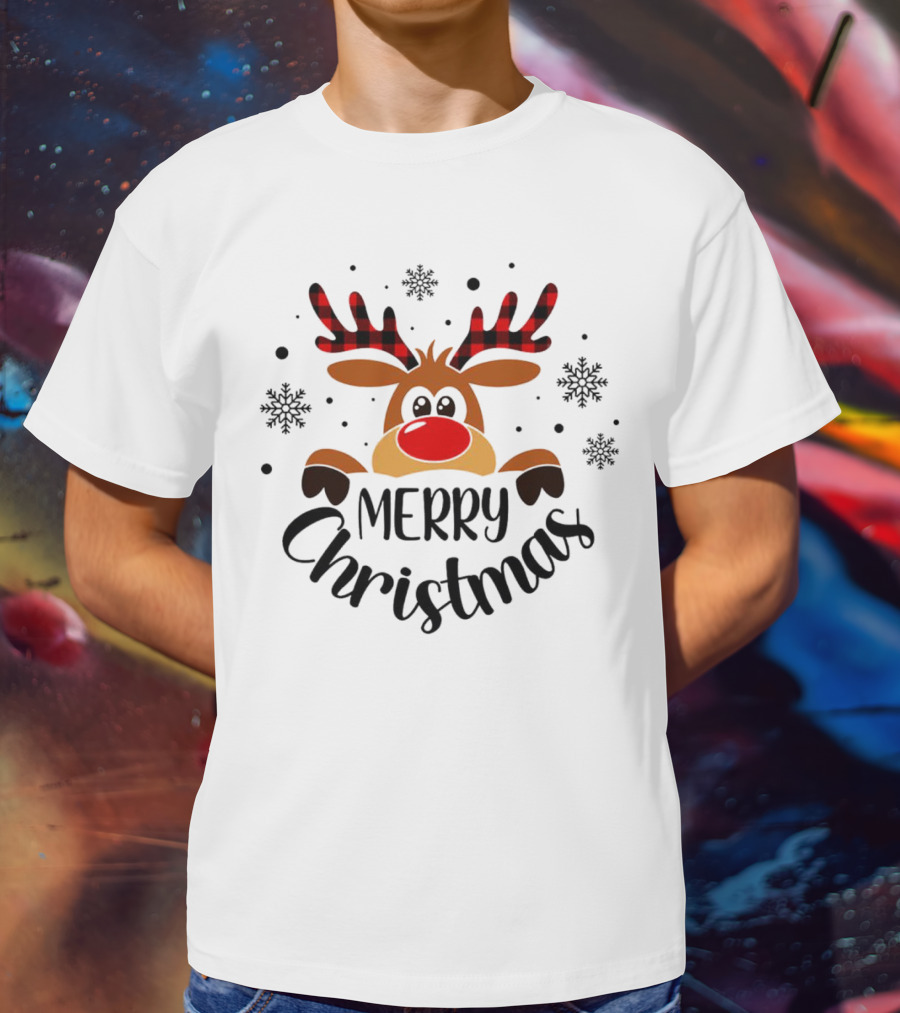 Reindeer Merry Christmas Plaid Antlers Snowflake T-Shirt