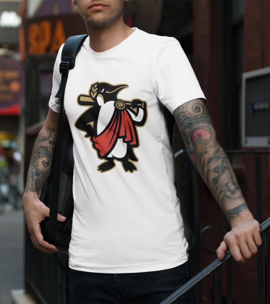 Rome Emperors Penguin In Red Toga With Baseball Bat And Laurel Wreath T-Shirt