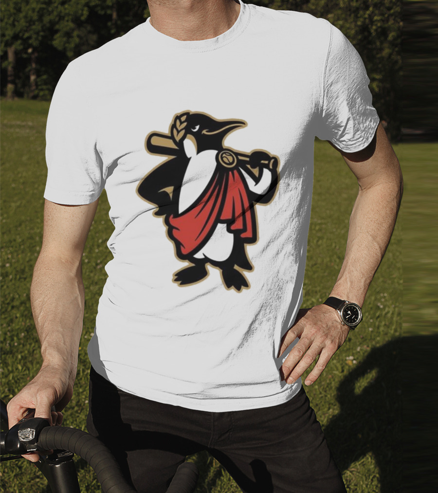 Rome Emperors Penguin In Red Toga With Baseball Bat And Laurel Wreath T-Shirt