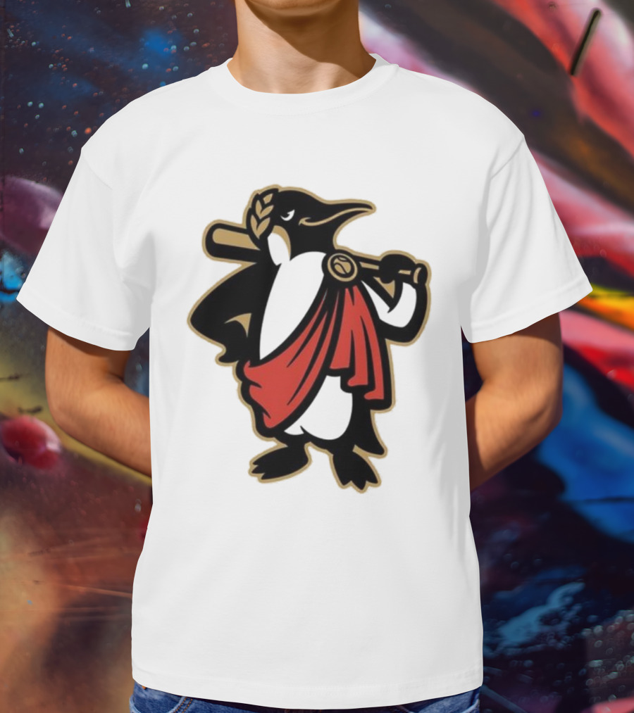 Rome Emperors Penguin In Red Toga With Baseball Bat And Laurel Wreath T-Shirt
