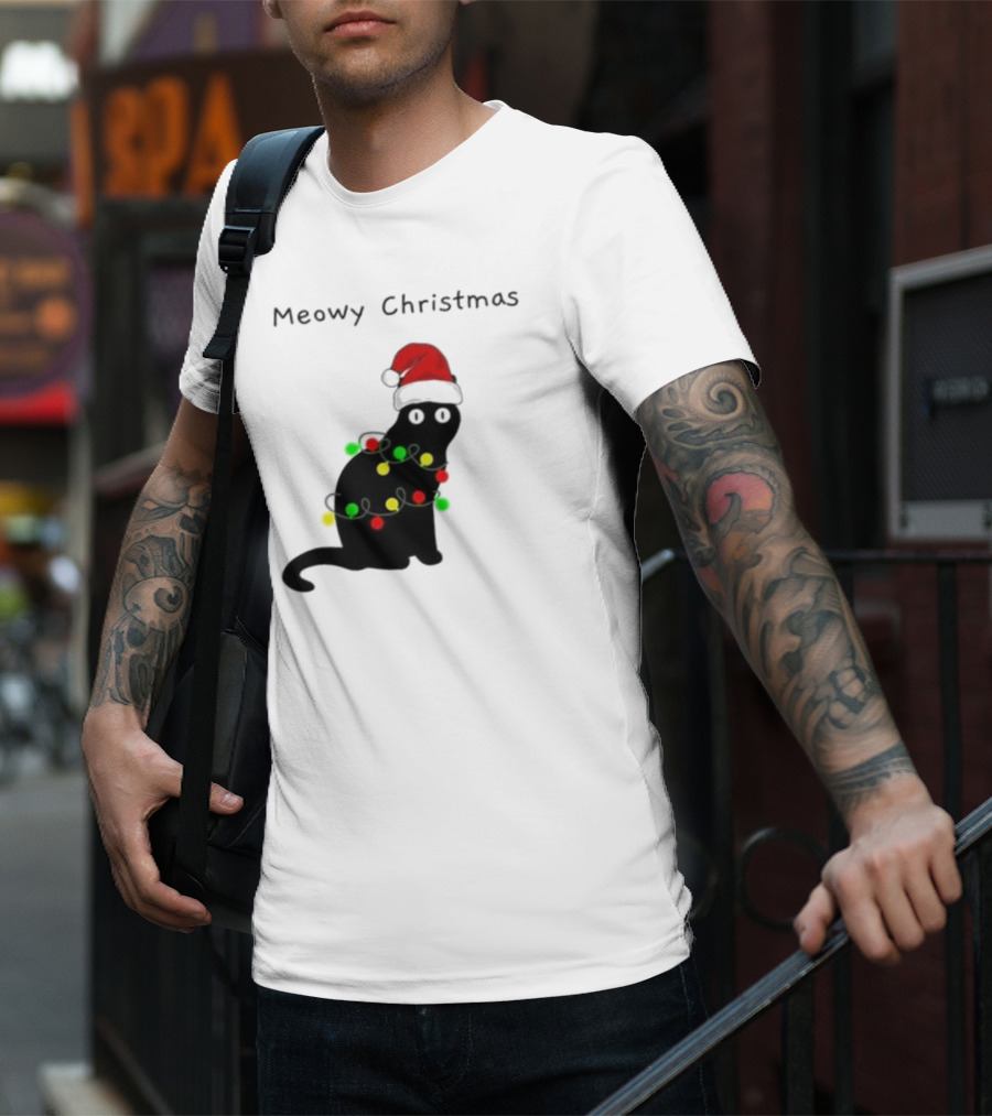 Meowy Christmas Santa Cat With Lights T-Shirt