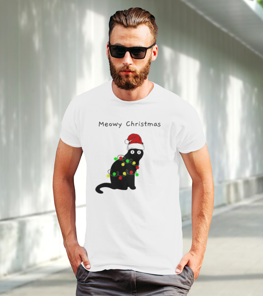 Meowy Christmas Santa Cat With Lights T-Shirt