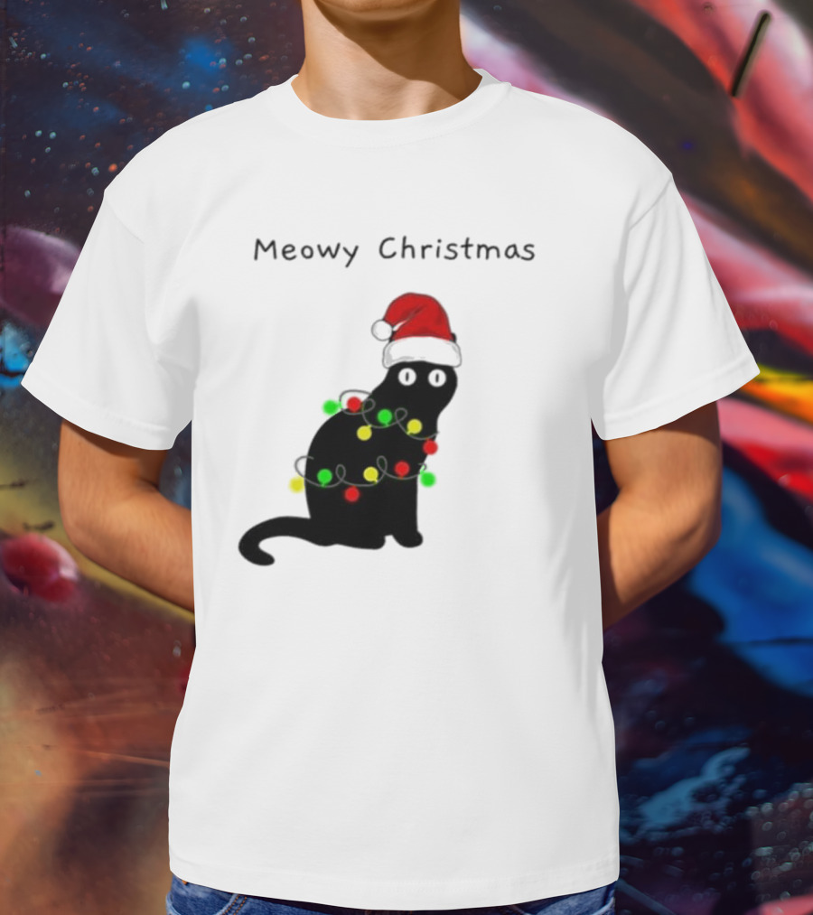 Meowy Christmas Santa Cat With Lights T-Shirt