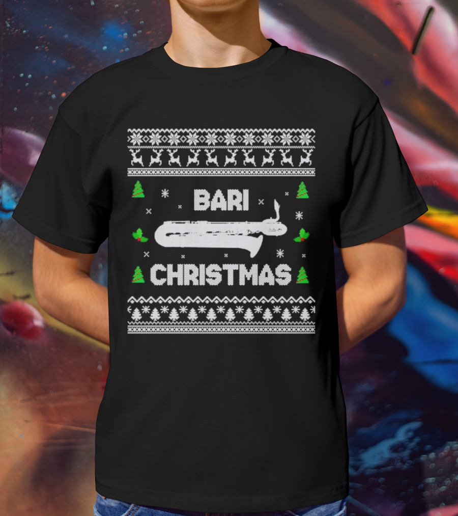 Bari Christmas Saxophone Ugly Sweater Reindeer Trees Snowflakes T-Shirt