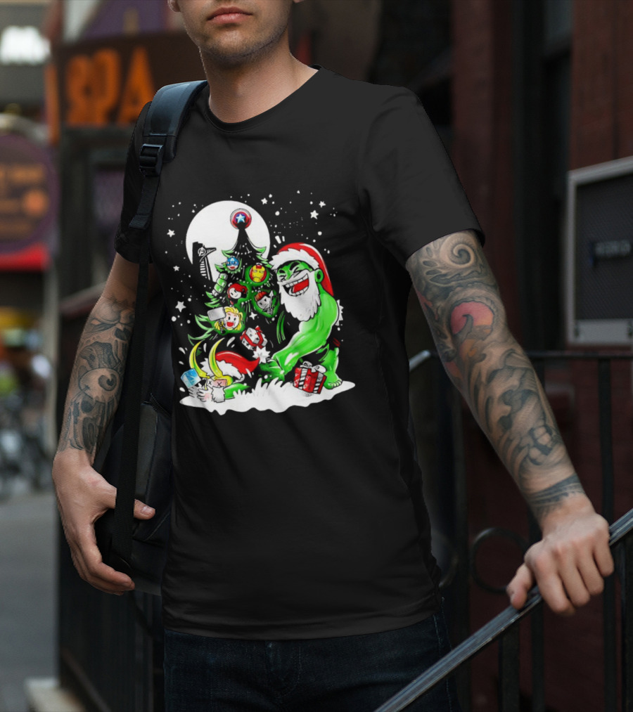 The Avengers Marvel Characters Christmas Tree With Hulk Santa And Superhero Ornaments T-Shirt