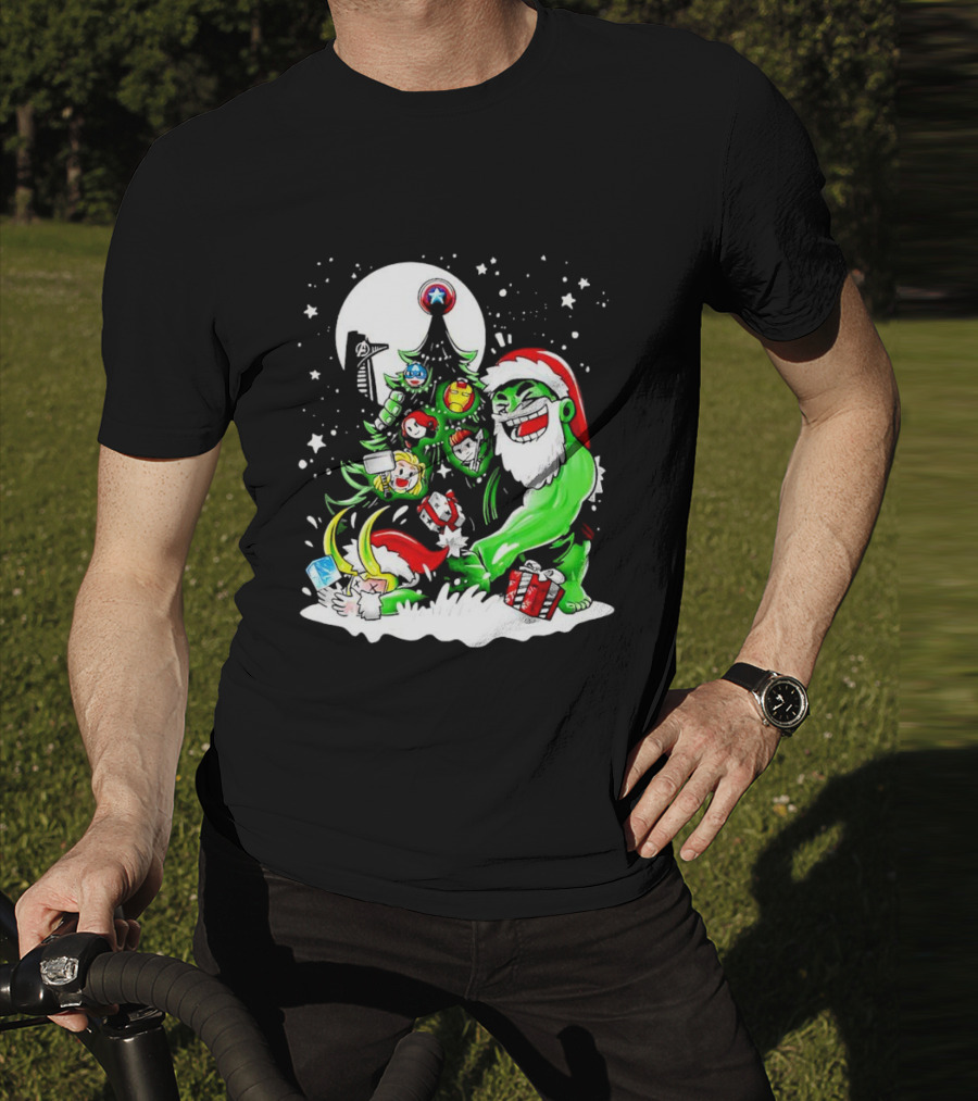 The Avengers Marvel Characters Christmas Tree With Hulk Santa And Superhero Ornaments T-Shirt