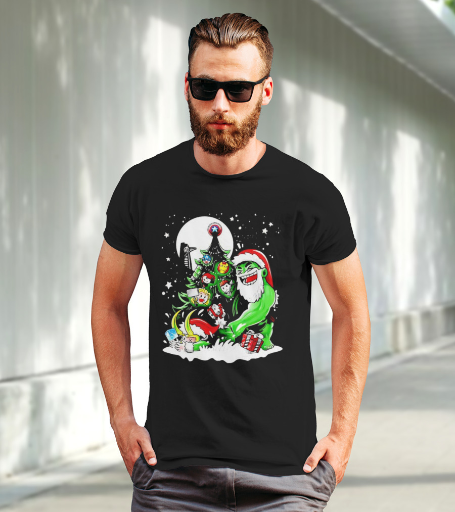 The Avengers Marvel Characters Christmas Tree With Hulk Santa And Superhero Ornaments T-Shirt