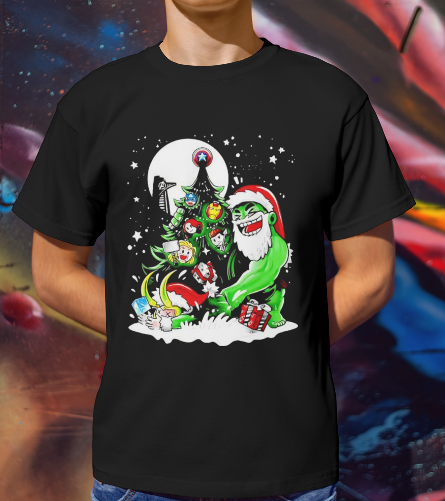 The Avengers Marvel Characters Christmas Tree With Hulk Santa And Superhero Ornaments T-Shirt