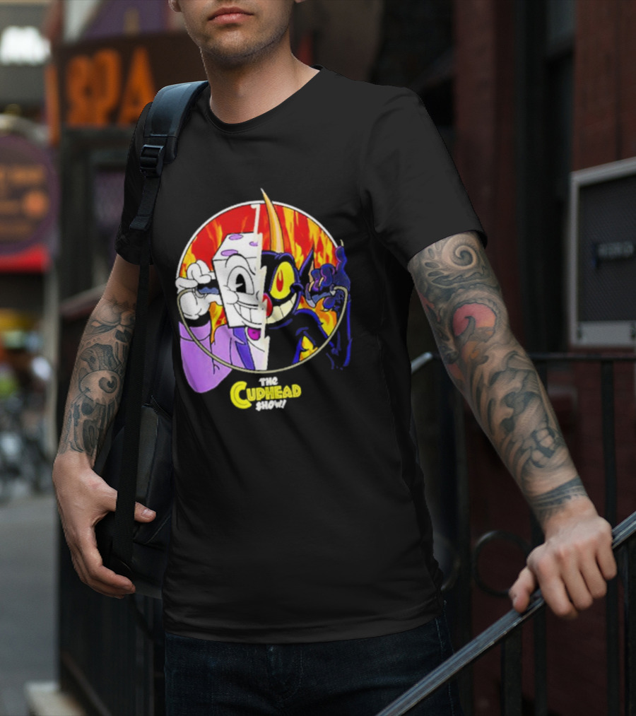 The Cuphead Show King Dice Devil Iconic Faces Fiery Background T-Shirt