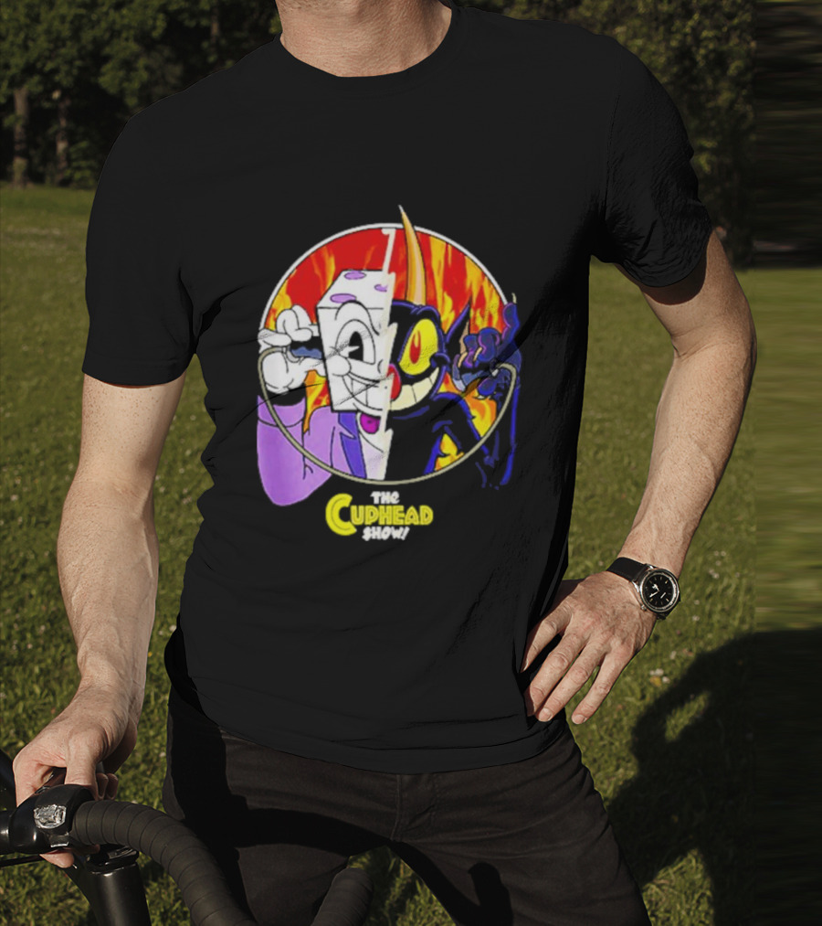 The Cuphead Show King Dice Devil Iconic Faces Fiery Background T-Shirt