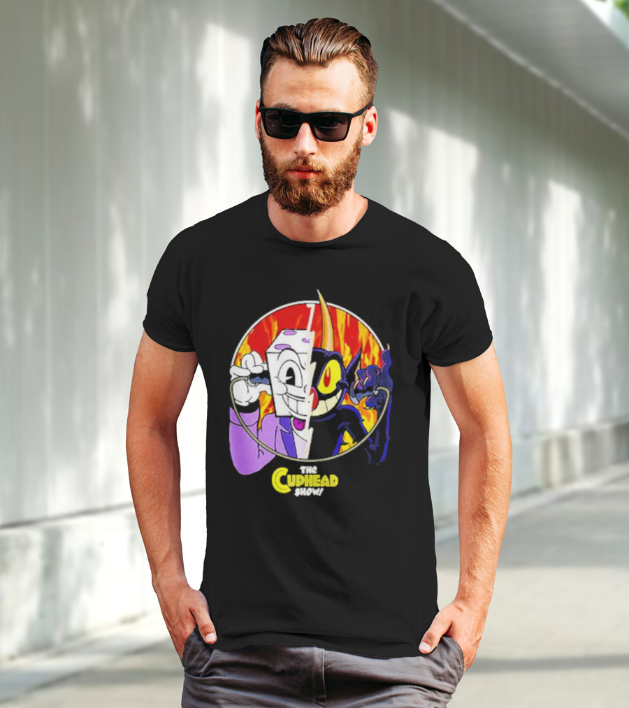 The Cuphead Show King Dice Devil Iconic Faces Fiery Background T-Shirt
