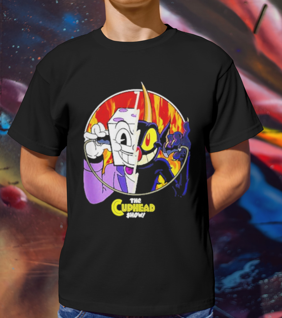 The Cuphead Show King Dice Devil Iconic Faces Fiery Background T-Shirt