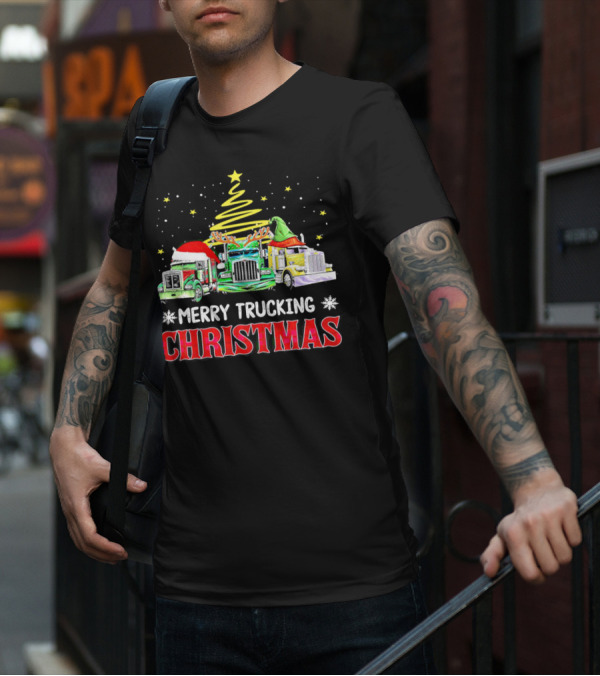 Merry Trucking Christmas With Festive Decorated Trucks And Starry Tree T-Shirt