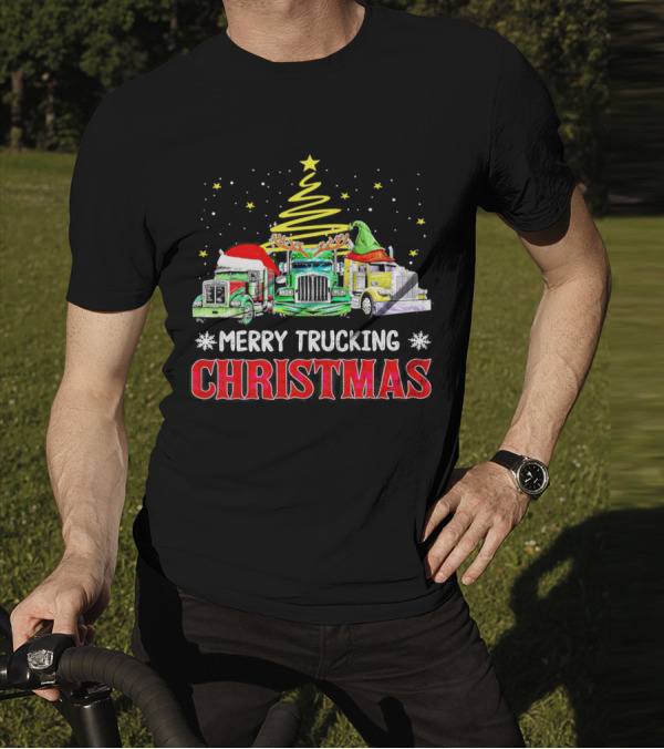 Merry Trucking Christmas With Festive Decorated Trucks And Starry Tree T-Shirt