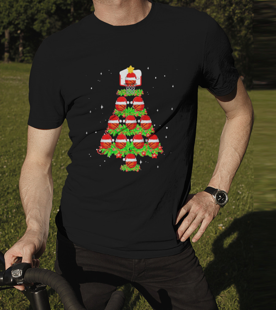 Basketball Hoops And Santa Hats Christmas Tree T-Shirt