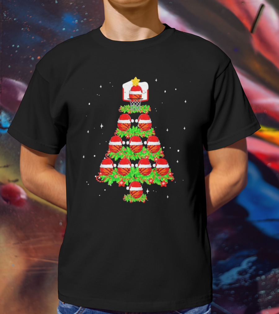 Basketball Hoops And Santa Hats Christmas Tree T-Shirt