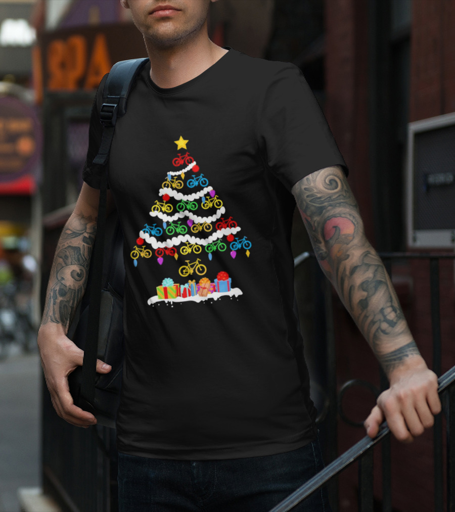 Colorful Bicycle Christmas Tree With Star And Presents T-Shirt