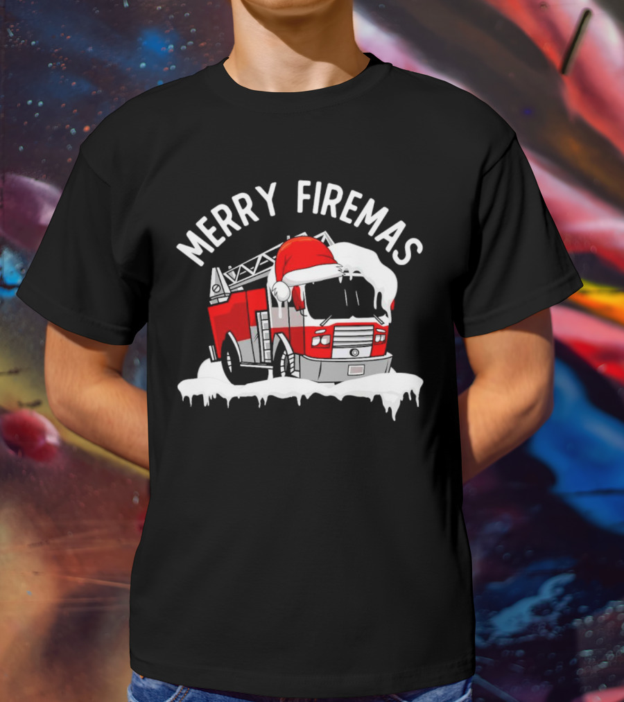 Merry Firemas Fire Truck Santa Hat Christmas T-Shirt