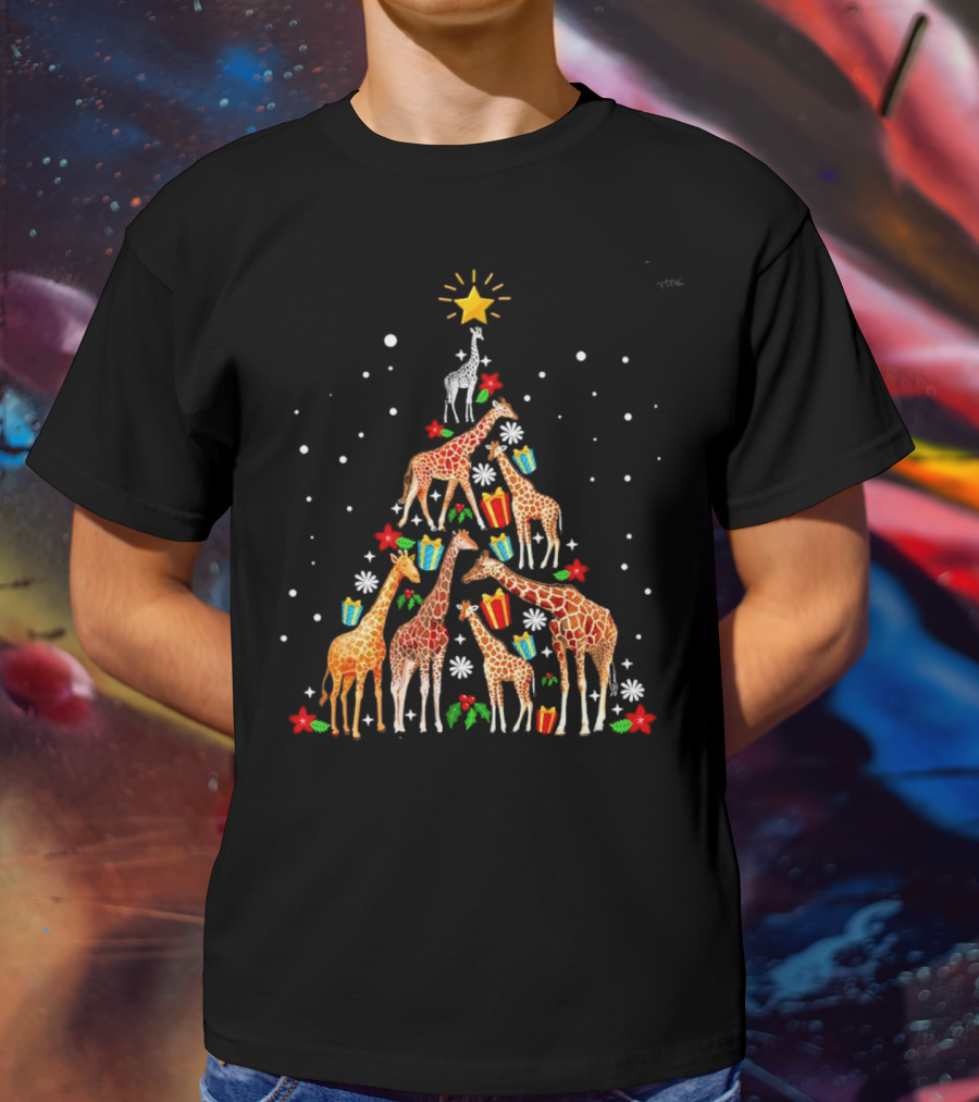 Giraffe Christmas Tree Star Presents Snowflakes T-Shirt