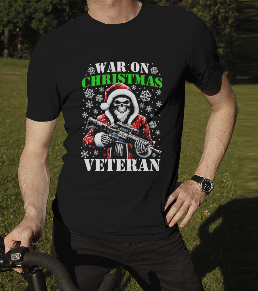 War On Christmas Veteran Skeleton Santa With Rifle Snowflakes T-Shirt