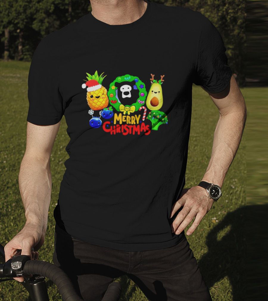 Hey Bear Sensory Merry Christmas Pineapple Avocado Broccoli Wreath T-Shirt