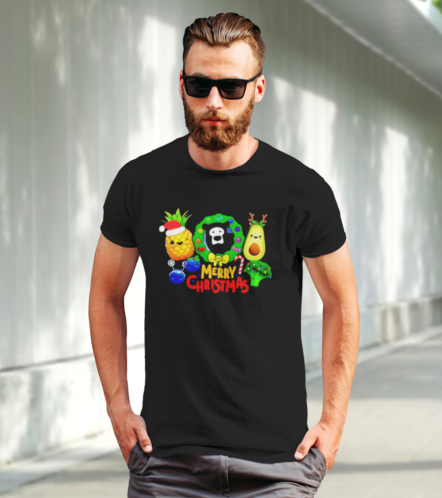 Hey Bear Sensory Merry Christmas Pineapple Avocado Broccoli Wreath T-Shirt