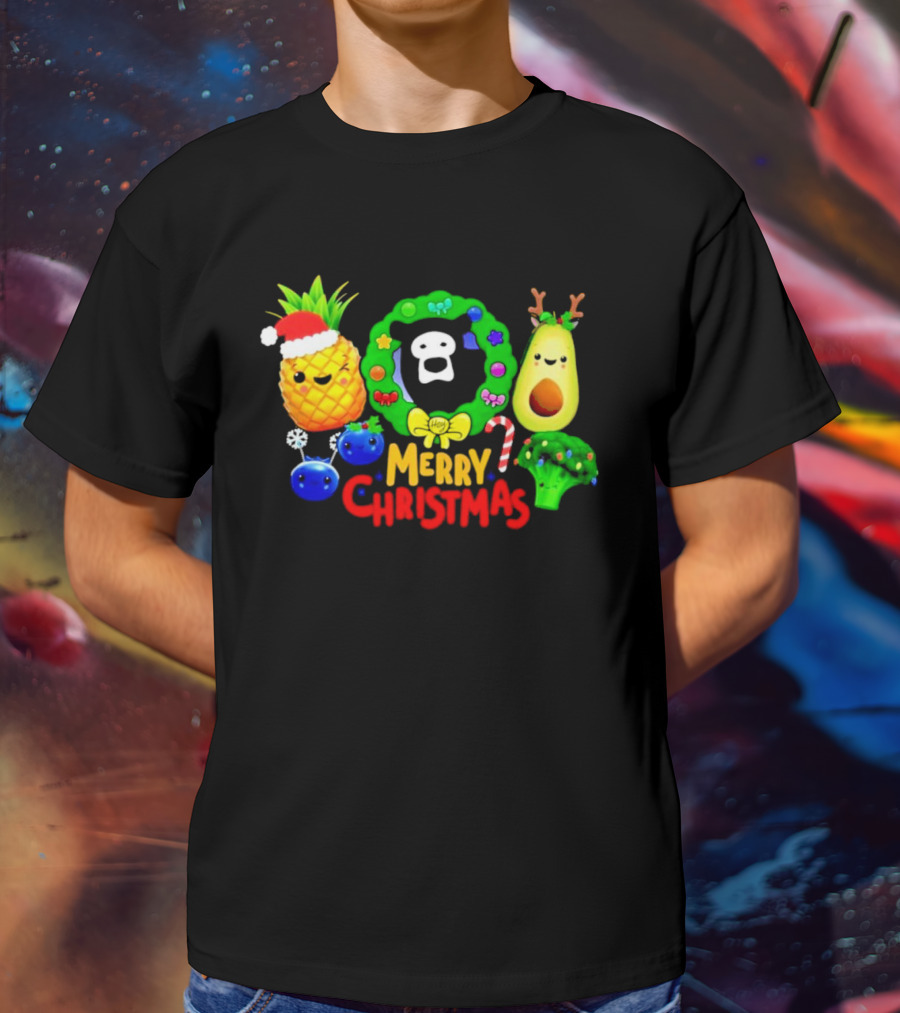 Hey Bear Sensory Merry Christmas Pineapple Avocado Broccoli Wreath T-Shirt