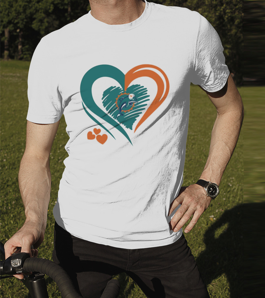 Miami Dolphins Heart Shape Emblem With Three Small Hearts T-Shirt