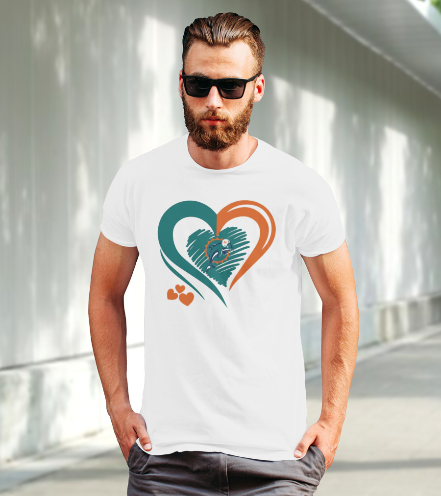 Miami Dolphins Heart Shape Emblem With Three Small Hearts T-Shirt