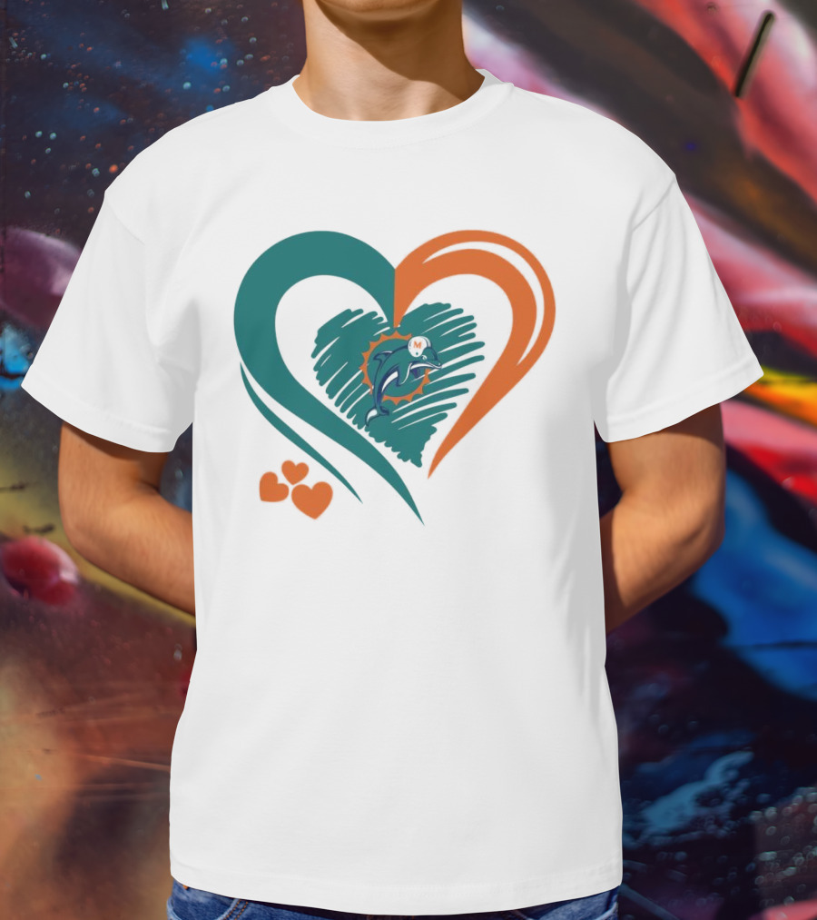 Miami Dolphins Heart Shape Emblem With Three Small Hearts T-Shirt